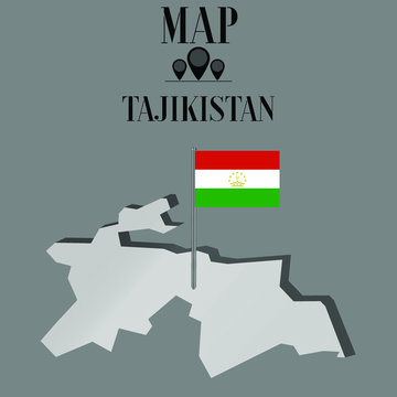 Tajikistan outline world map, contour silhouette with national flag on flagpole vector illustration design, isolated on background, objects, element, symbol from countries set