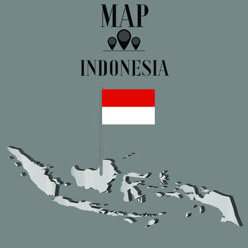 Indonesia outline world map, contour silhouette with national flag on flagpole vector illustration design, isolated on background, objects, element, symbol from countries set