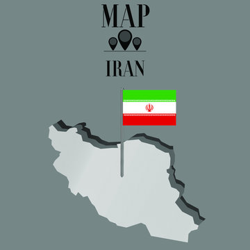 Iran outline world map, contour silhouette with national flag on flagpole vector illustration design, isolated on background, objects, element, symbol from countries set