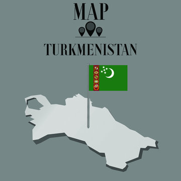 Turkmenistan outline world map, contour silhouette with national flag on flagpole vector illustration design, isolated on background, objects, element, symbol from countries set