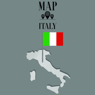 Italy outline world map, contour silhouette with national flag on flagpole vector illustration design, isolated on background, objects, element, symbol from countries set