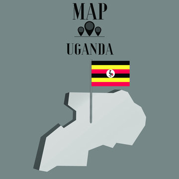 Uganda outline world map, contour silhouette with national flag on flagpole vector illustration design, isolated on background, objects, element, symbol from countries set