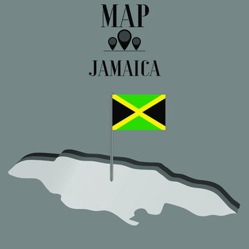 Jamaica outline world map, contour silhouette with national flag on flagpole vector illustration design, isolated on background, objects, element, symbol from countries set