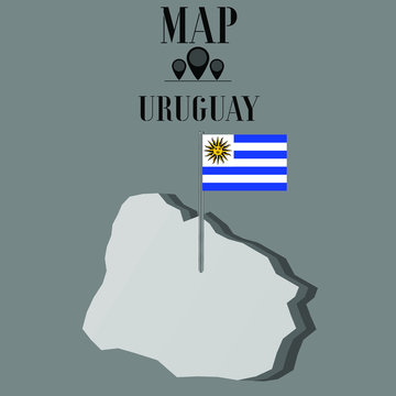 Uruguay outline world map, contour silhouette with national flag on flagpole vector illustration design, isolated on background, objects, element, symbol from countries set