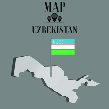 Uzbekistan outline world map, contour silhouette with national flag on flagpole vector illustration design, isolated on background, objects, element, symbol from countries set