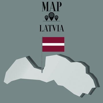 Latvia outline world map, contour silhouette with national flag on flagpole vector illustration design, isolated on background, objects, element, symbol from countries set
