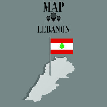 Lebanon outline world map, contour silhouette with national flag on flagpole vector illustration design, isolated on background, objects, element, symbol from countries set