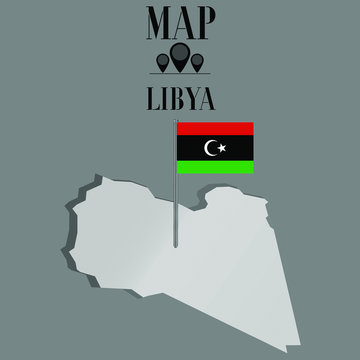 Libya outline world map, contour silhouette with national flag on flagpole vector illustration design, isolated on background, objects, element, symbol from countries set