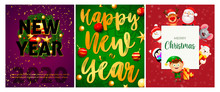 New Year Violet, Green, Red Banner Set With Elf