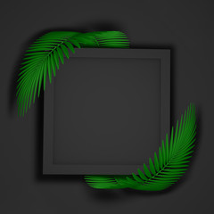 Abstract dark black and green modern background of a square frame surrounded by two rounded fluffy palm leaves. 3D illustration.3D render