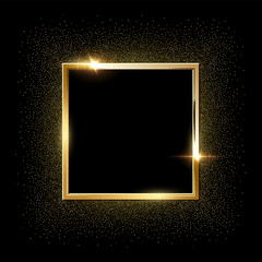 Poster - Golden sparkling square frame with golden glitter isolated on black background. Vector design element.