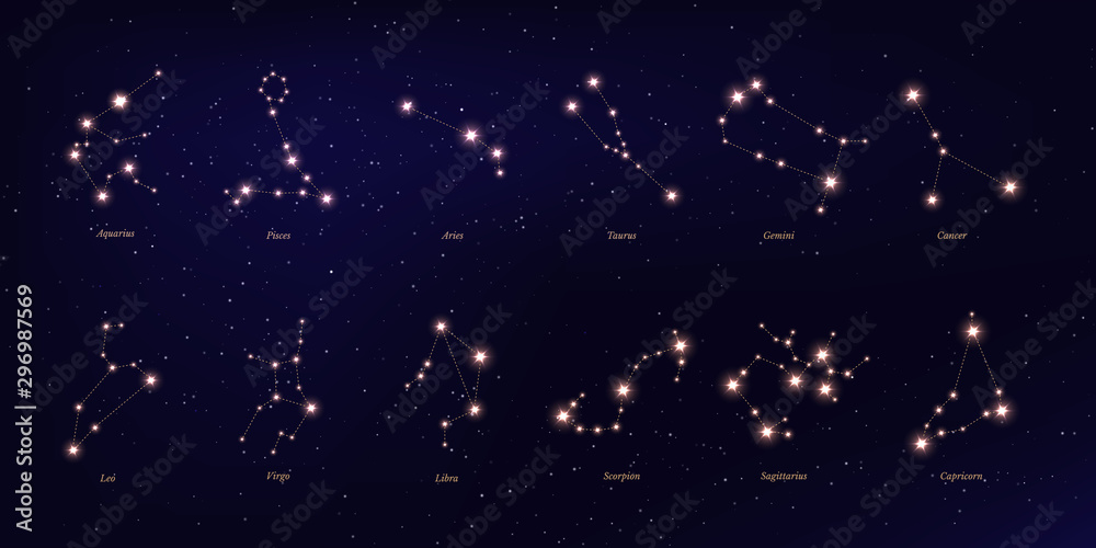 Zodiac constellation vector illustrations set - obrazy, fototapety, plakaty 