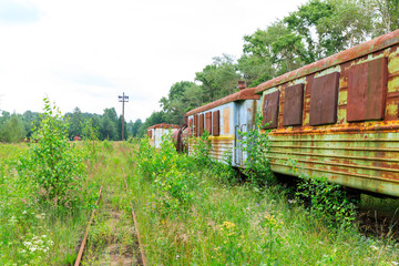 Wall Mural - abandoned narrow gauge railway, Branches of the railway at the marshalling yard, forest and lonely road in the middle Russia