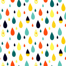 Seamless Abstract Pattern With Drop Shapes. Blue, Orange, Red, Yellow Colors. Avan-garde Cute Cartoon Background. Abstractionism Style.