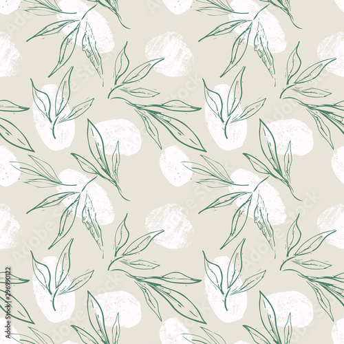 Hand Sketched Leaves Seamless Pattern with Chalk Texture. Floral Vector Backg...