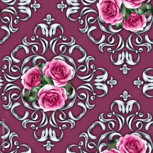 Seamless pattern with silver curls. Roses and baroque background