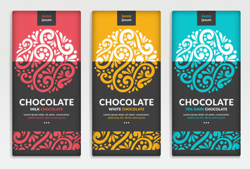 Colorful packaging design of chocolate bars. Vintage vector ornament template. Elegant, classic elements. Great for food, drink and other package types. Can be used for background and wallpaper.