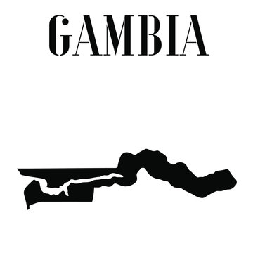 Gambia solid country outline silhouette, Black and white vector illustration with isolated object and symbols on background with text. From world map countries set