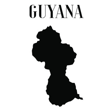 Guyana solid country outline silhouette, Black and white vector illustration with isolated object and symbols on background with text. From world map countries set