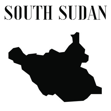 South Sudan  solid country outline silhouette, Black and white vector illustration with isolated object and symbols on background with text. From world map countries set
