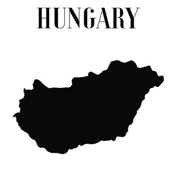 Hungary solid country outline silhouette, Black and white vector illustration with isolated object and symbols on background with text. From world map countries set