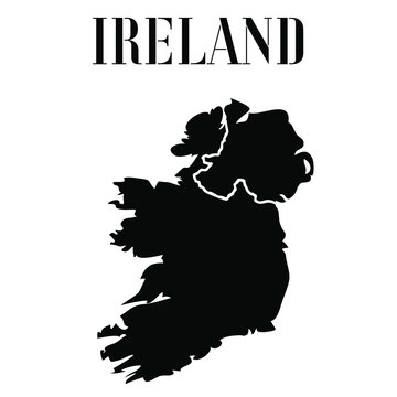 Ireland solid country outline silhouette, Black and white vector illustration with isolated object and symbols on background with text. From world map countries set