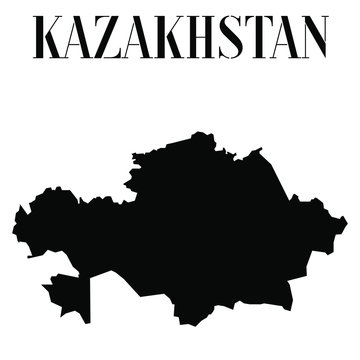 Kazakhstan solid country outline silhouette, Black and white vector illustration with isolated object and symbols on background with text. From world map countries set