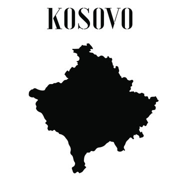 Kosovo solid country outline silhouette, Black and white vector illustration with isolated object and symbols on background with text. From world map countries set
