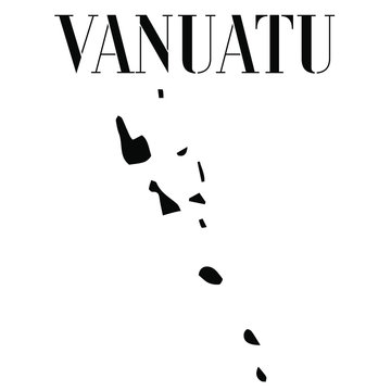 Vanuatu solid country outline silhouette, Black and white vector illustration with isolated object and symbols on background with text. From world map countries set