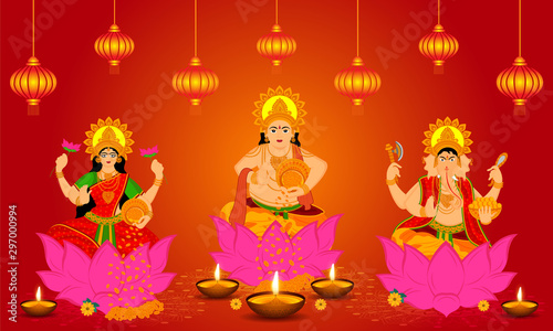 illustration of goddess lakshmi lord ganesha and lord kuber in happy diwali and dhanteras celebration background of traditional indian festival with beautiful hangings buy this stock vector and explore similar vectors goddess lakshmi lord ganesha