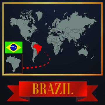 Brazil solid country outline silhouette, realistic globe world map template, atlas for infographic, vector illustration, isolated object, background, national flag. countries set 