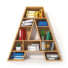 Poster - Letter A. Alphabet in the form of shelves with file folder, binders and books isolated on white. Archival, stacks of documents at the office or library.