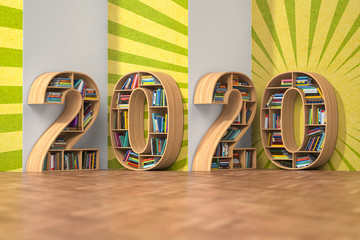 Poster - 2020 new year education concept. Bookshelves with books in the form of text 2020.