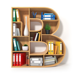 Poster - Letter B. Alphabet in the form of shelves with file folder, binders and books isolated on white. Archival, stacks of documents at the office or library.