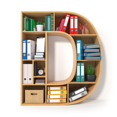 Poster - Letter D. Alphabet in the form of shelves with file folder, binders and books isolated on white. Archival, stacks of documents at the office or library.