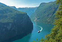 Geirangerfjord Sea Mountain Fjord View With Cruise Liner, Norway