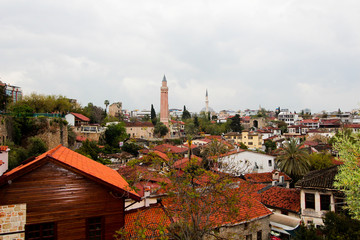 View overlooking the town. Red roofs of residential buildings and hotels. Sunny day. , Turkey, April 6, 2019.