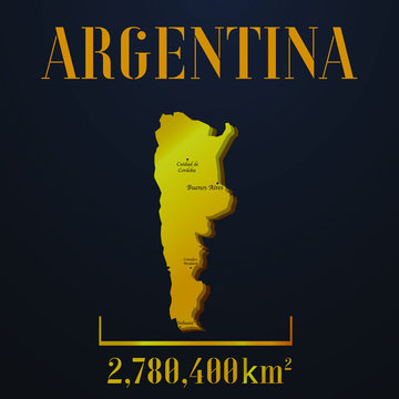 Argentina golden solid country outline silhouette, realistic piece of world map template, for infographic, vector illustration, isolated object, background. From all countries set 