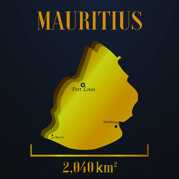 Mauritius golden solid country outline silhouette, realistic piece of world map template, for infographic, vector illustration, isolated object, background. From all countries set 