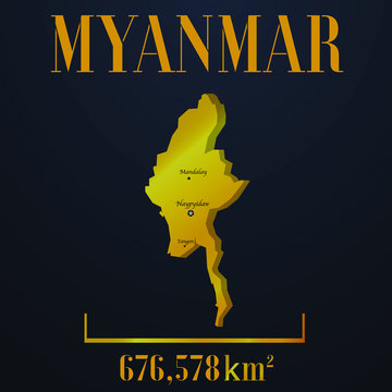 Myanmar golden solid country outline silhouette, realistic piece of world map template, for infographic, vector illustration, isolated object, background. From all countries set 