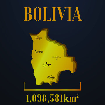  Bolivia golden solid country outline silhouette, realistic piece of world map template, for infographic, vector illustration, isolated object, background. From all countries set 
