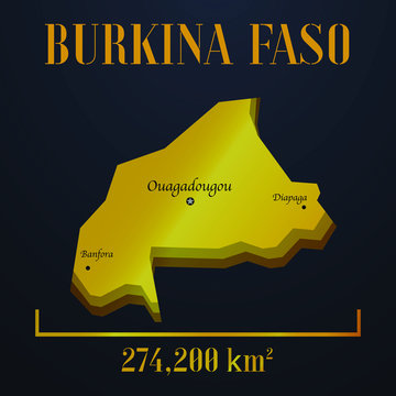 Burkina Faso  golden solid country outline silhouette, realistic piece of world map template, for infographic, vector illustration, isolated object, background. From all countries set 