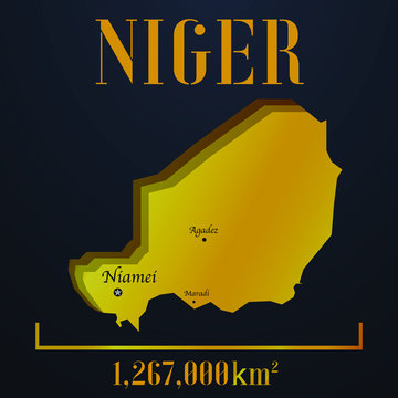 Niger golden solid country outline silhouette, realistic piece of world map template, for infographic, vector illustration, isolated object, background. From all countries set 