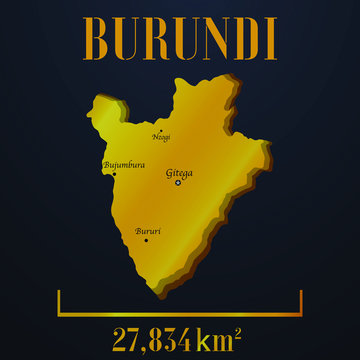 Burundi golden solid country outline silhouette, realistic piece of world map template, for infographic, vector illustration, isolated object, background. From all countries set 