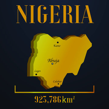 Nigeria golden solid country outline silhouette, realistic piece of world map template, for infographic, vector illustration, isolated object, background. From all countries set 