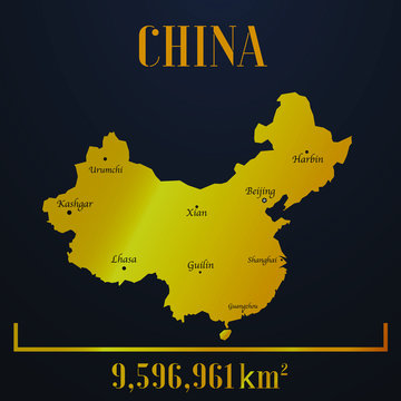 China golden solid country outline silhouette, realistic piece of world map template, for infographic, vector illustration, isolated object, background. From all countries set 
