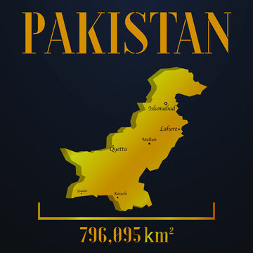 Pakistan golden solid country outline silhouette, realistic piece of world map template, for infographic, vector illustration, isolated object, background. From all countries set 