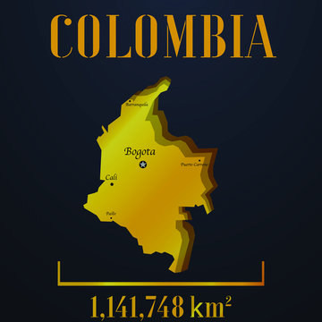 Colombia golden solid country outline silhouette, realistic piece of world map template, for infographic, vector illustration, isolated object, background. From all countries set 