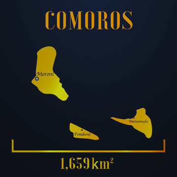 Comoros golden solid country outline silhouette, realistic piece of world map template, for infographic, vector illustration, isolated object, background. From all countries set 