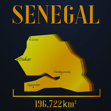 Senegal golden solid country outline silhouette, realistic piece of world map template, for infographic, vector illustration, isolated object, background. From countries set